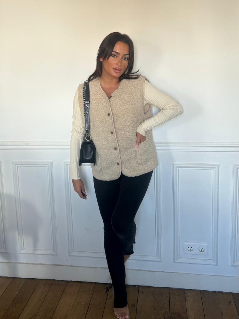 Veste teddy boutonnée sans manches beige – Image 2