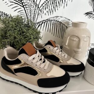 Baskets femme beige noir et doré
