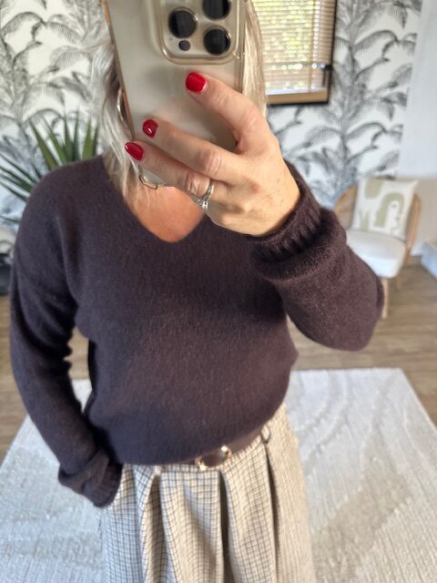 Pull marron col v femme